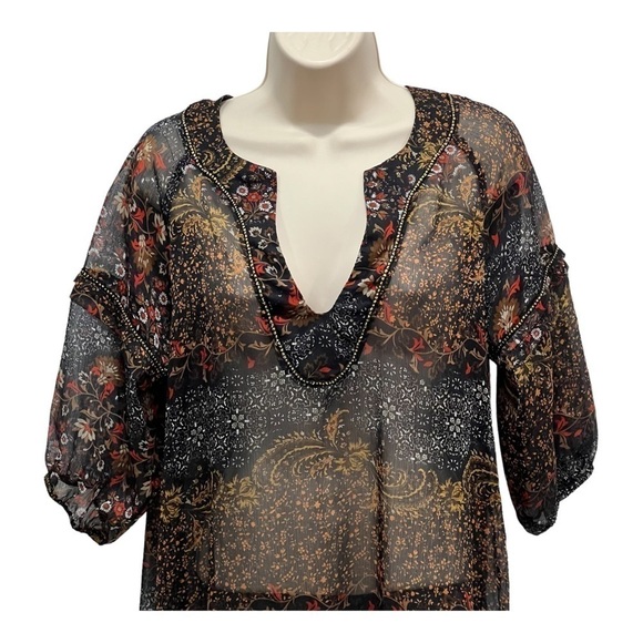 Patterson J Kincaid Sheer Boho Floral Slip Dress Tunic Gold Bead Accents Small - Picture 2 of 8